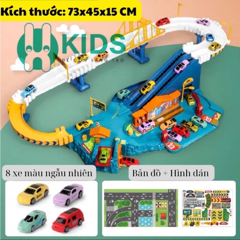 Đồ chơi đường ray ô tô chạy tự động, lắp ráp đường cao tốc cỡ lớn có nhạc đèn kèm nhiều oto cho bé trai