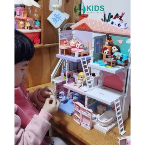 Bộ đồ chơi ngôi nhà búp bê cao cấp 4in1 lắp ráp 3 tầng kích thước lớn kèm nhiều búp bê siêu xinh dành cho bé gái