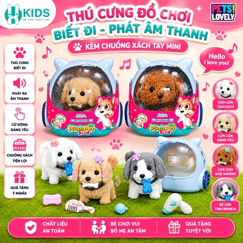 Thú cưng đồ chơi biết đi phát âm thanh kèm chuồng xách tay mini – thú bông điện tử đáng yêu cho bé