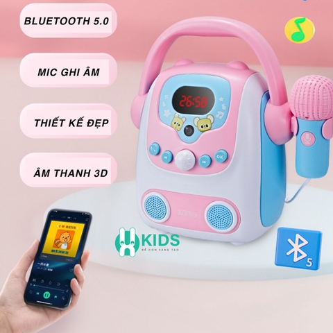 Đồ chơi máy hát karaoke di động cao cấp cho bé kèm mic ghi âm, loa phát nhạc có kết nối Bluetooth tích hợp đèn LED