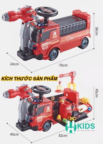 Xe chòi chân scooter thông minh biến dạng 2in1 mô phỏng ô tô cứu hoả có vòi phun nước, máy xúc cần cẩu cho bé