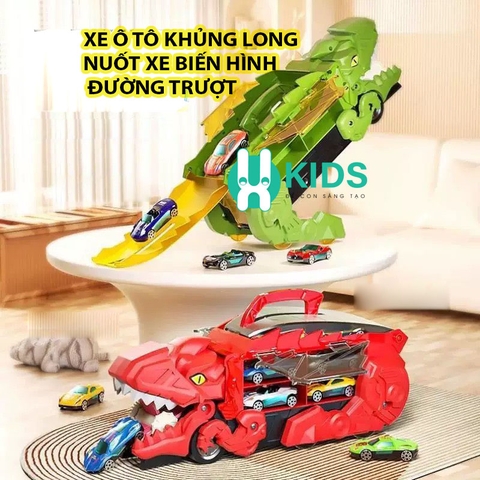Đồ chơi container khủng long cỡ lớn nuốt xe ô tô biến hình đường đua cầu trượt kèm sẵn nhiều ô tô hợp kim cho bé