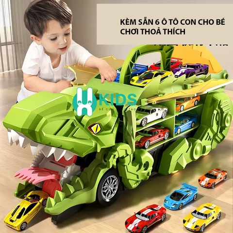 Đồ chơi container khủng long cỡ lớn nuốt xe ô tô biến hình đường đua cầu trượt kèm sẵn nhiều ô tô hợp kim cho bé