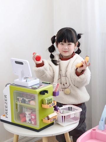 Đồ chơi siêu thị quầy tính tiền kèm máy bán cà phê như thật, máy quẹt thẻ có đèn nhạc cho bé nhập vai bán hàng