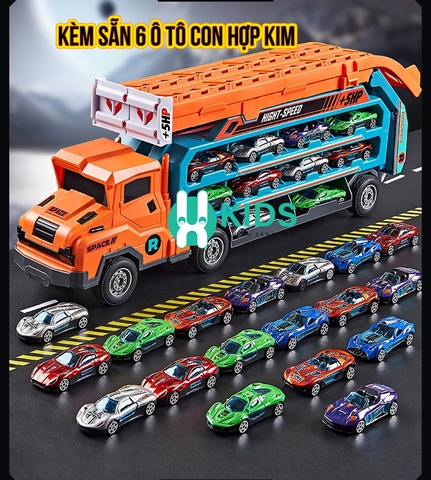 Đồ chơi xe ô tô container 3 tầng có cần cẩu biến dạng đường đua trượt kết hợp cỡ lớn kèm nhiều ô tô hợp kim cho bé