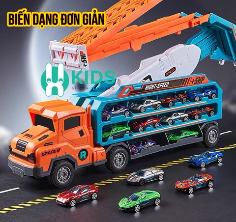 Đồ chơi xe ô tô container 3 tầng có cần cẩu biến dạng đường đua trượt kết hợp cỡ lớn kèm nhiều ô tô hợp kim cho bé
