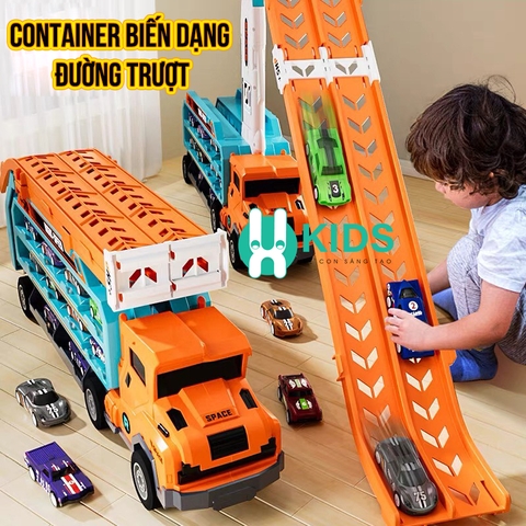 Đồ chơi xe ô tô container 3 tầng có cần cẩu biến dạng đường đua trượt kết hợp cỡ lớn kèm nhiều ô tô hợp kim cho bé