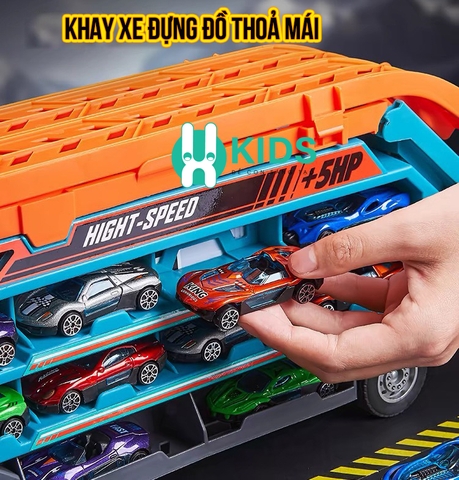 Đồ chơi xe ô tô container 3 tầng có cần cẩu biến dạng đường đua trượt kết hợp cỡ lớn kèm nhiều ô tô hợp kim cho bé