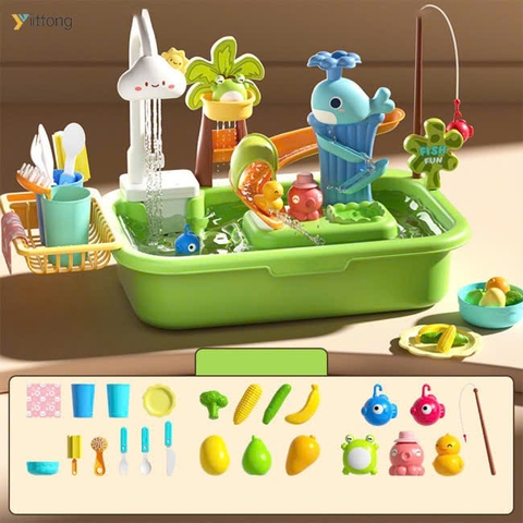 Đồ chơi bồn rửa chén đĩa hoa quả đa năng kèm trò câu cá có vòi nước tự động, cầu trượt xoắn ốc kèm vịt, cá voi cho bé