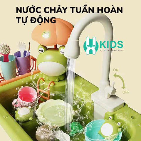 Đồ chơi bồn rửa chén đĩa hoa quả đa năng kèm trò câu cá có vòi nước tự động, cầu trượt xoắn ốc kèm vịt, cá voi cho bé