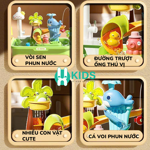 Đồ chơi bồn rửa chén đĩa hoa quả đa năng kèm trò câu cá có vòi nước tự động, cầu trượt xoắn ốc kèm vịt, cá voi cho bé