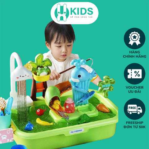 Đồ chơi bồn rửa chén đĩa hoa quả đa năng kèm trò câu cá có vòi nước tự động, cầu trượt xoắn ốc kèm vịt, cá voi cho bé