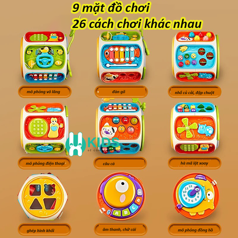 Đồ chơi hộp bận rộn 9 mặt đa năng 26 cách chơi có đàn nhạc, câu cá, điện thoại, vô lăng, đập chuột giáo dục sớm cho bé