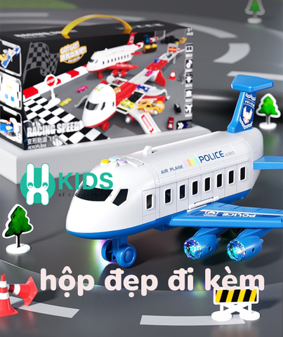 Đồ chơi máy bay cảnh sát cứu hỏa cỡ lớn loại mới biến hình đường đua dài 1m1 kèm 6 ô tô có đèn có nhạc cho bé