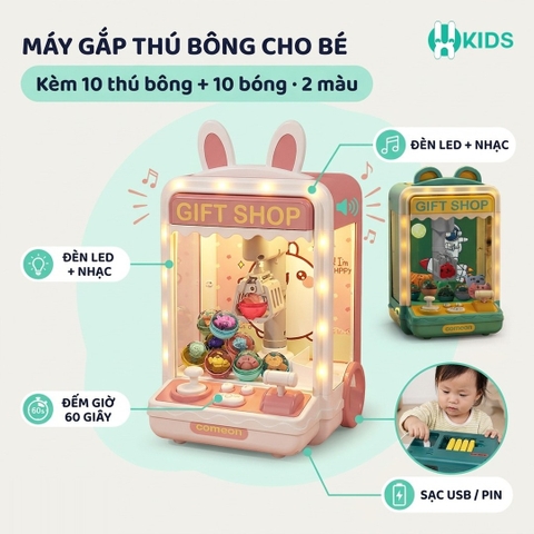 Đồ chơi máy gắp gấu bông cỡ lớn phiên bản mới có đèn LED nhạc vui nhộn, đếm thời gian kèm sẵn 10 thú bông 10 bóng cho bé