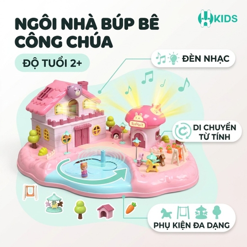 Đồ chơi ngôi nhà búp bê có điều khiển từ tính di chuyển nhân vật, biệt thự công chúa có đèn nhạc dễ thương cho bé gái