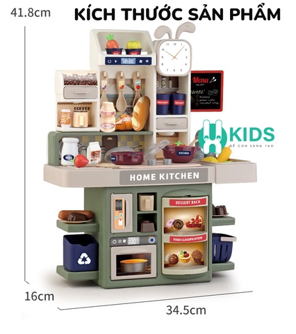 Đồ chơi nhà bếp loại mới Châu Âu cỡ lớn cao 42cm đầy đủ hiệu ứng khói vòi nước kèm nhiều phụ kiện nấu ăn hoa quả cho bé