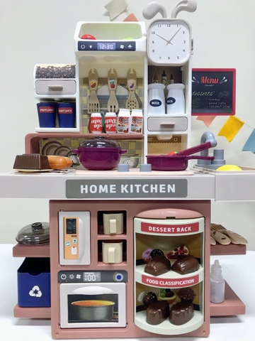 Đồ chơi nhà bếp loại mới Châu Âu cỡ lớn cao 42cm đầy đủ hiệu ứng khói vòi nước kèm nhiều phụ kiện nấu ăn hoa quả cho bé