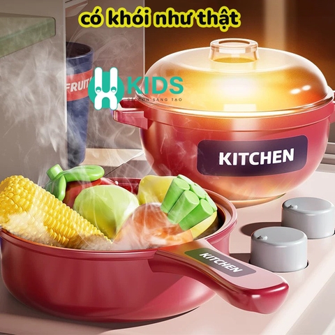 Đồ chơi nhà bếp loại mới Châu Âu cỡ lớn cao 42cm đầy đủ hiệu ứng khói vòi nước kèm nhiều phụ kiện nấu ăn hoa quả cho bé