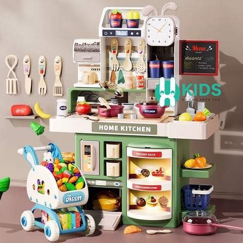 Đồ chơi nhà bếp loại mới Châu Âu cỡ lớn cao 42cm đầy đủ hiệu ứng khói vòi nước kèm nhiều phụ kiện nấu ăn hoa quả cho bé