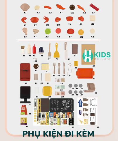 Đồ chơi nhà hàng đồ nướng gà rán quầy ăn nhanh X KID cao 102cm kèm hiệu ứng đổi màu đồ ăn, vòi nước khói, máy tính tiền