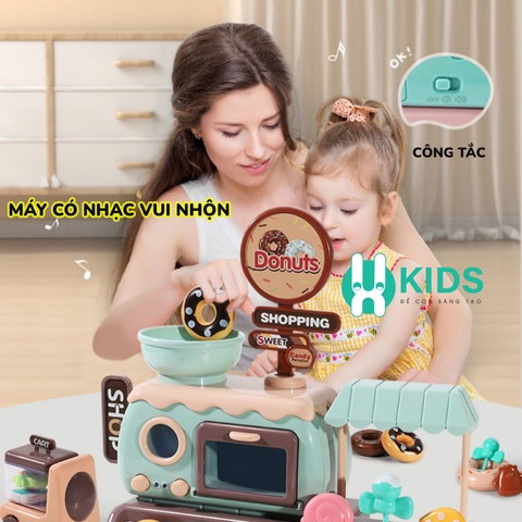 Đồ chơi quầy bán hàng tiệm làm bánh donut 34 chi tiết có đèn nhạc vui nhộn kèm xe đẩy chở hàng cho bé