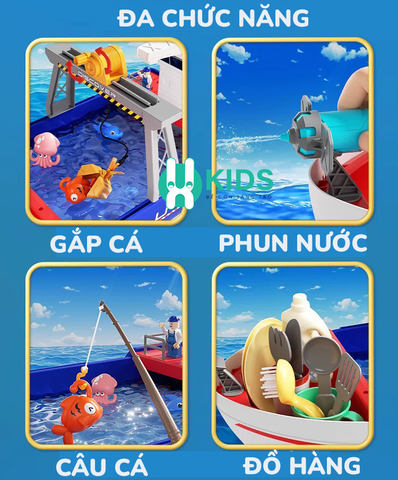 Đồ chơi thuyền chở hàng tàu thủy cỡ lớn giáo dục đa chức năng có trò chơi câu cá, vòi phun nước, dụng cụ nấu ăn cho bé