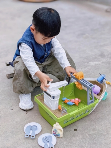Đồ chơi thuyền chở hàng tàu thủy cỡ lớn giáo dục đa chức năng có trò chơi câu cá, vòi phun nước, dụng cụ nấu ăn cho bé