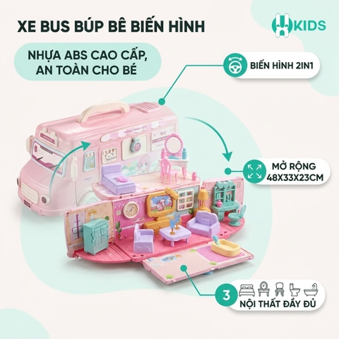 Đồ chơi xe bus màu hồng biến hình thành ngôi nhà búp bê đầy đủ nội thất phụ kiện dễ thương cho bé gái