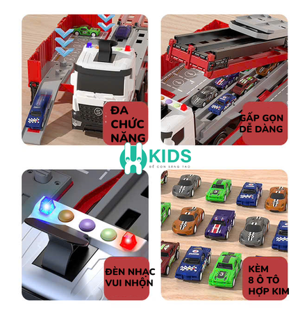 Đồ chơi xe tải container cỡ lớn biến dạng bãi đỗ xe kết hợp đường đua dài 1m3 có đèn nhạc kèm sẵn 8 ô tô hợp kim cho bé