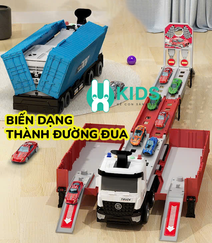 Đồ chơi xe tải container cỡ lớn biến dạng bãi đỗ xe kết hợp đường đua dài 1m3 có đèn nhạc kèm sẵn 8 ô tô hợp kim cho bé