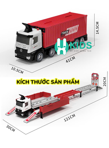 Đồ chơi xe tải container cỡ lớn biến dạng bãi đỗ xe kết hợp đường đua dài 1m3 có đèn nhạc kèm sẵn 8 ô tô hợp kim cho bé