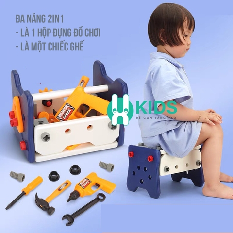 Đồ chơi ốc vít, lắp ráp kĩ sư 2in1 kết hợp ghế ngồi cỡ lớn cho bé có máy khoan điện, dụng cụ sửa chữa cho bé
