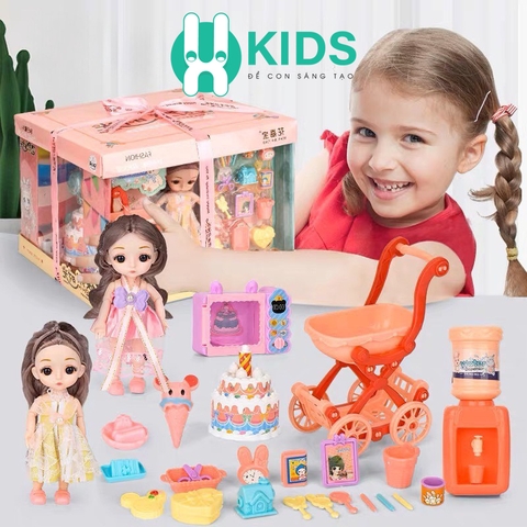 Hộp quà ngọt ngào: Ngôi nhà búp bê mini (có đèn ) đầy đủ đồ chơi các chủ đề cho bé