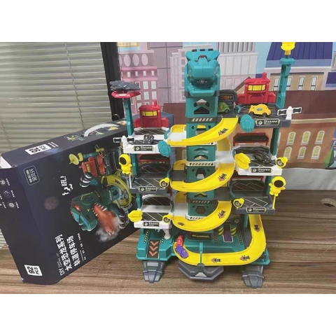 Đồ chơi lắp ráp đường đua ô tô kết hợp garage bãi đỗ xe 4 tầng mô hình khủng long cỡ lớn có phun khói đèn nhạc cho bé