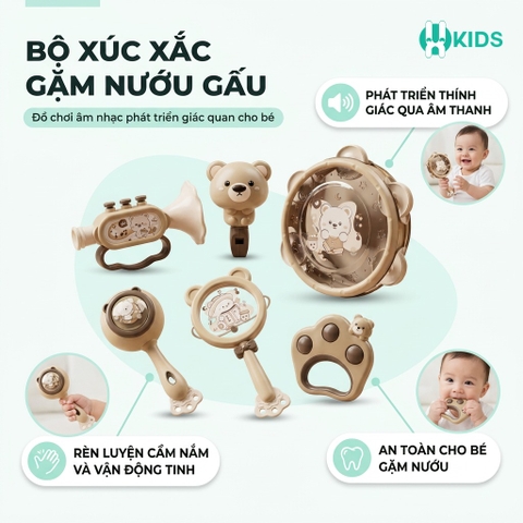 Bộ Xúc Xắc Gặm Nướu Nhạc Cụ Hình Gấu Cho Bé