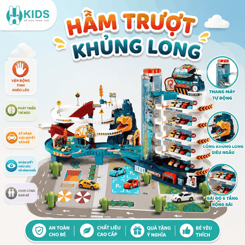 HẦM TRƯỢT KHỦNG LONG – ĐƯỜNG ĐUA SIÊU HOT CHO BÉ , Tặng kèm 4 xe mini
