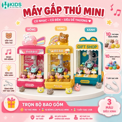 Máy Gắp Thú Mini Claw Machine Cho Bé Kèm Nhạc Và Đèn – Đồ Chơi Gắp Thú Có Kẹo Gashapon, USB Sạc, Nhiều Mẫu Cute