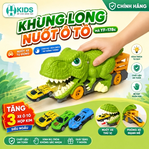 Khủng Long Nuốt Xe Cầu Trượt 2in1 Cho Bé – Tặng Kèm 6 Xe Con