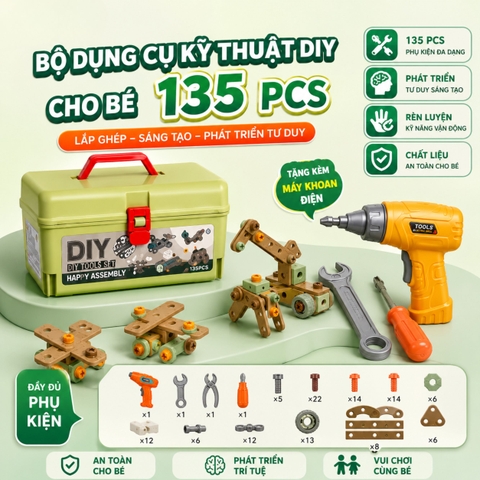 Bộ Dụng Cụ Kỹ Thuật DIY Cho Bé 135–144 Chi Tiết Lắp Ráp Sáng Tạo