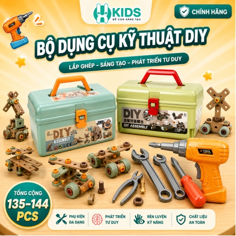 Bộ Dụng Cụ Kỹ Thuật DIY Cho Bé 135–144 Chi Tiết Lắp Ráp Sáng Tạo