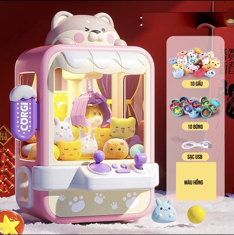 Đồ chơi máy gắp thú bông mini size lớn loại mới 2024 gấu mèo CORGI có đèn nhạc kèm nhiều đồ gắp cho trẻ em