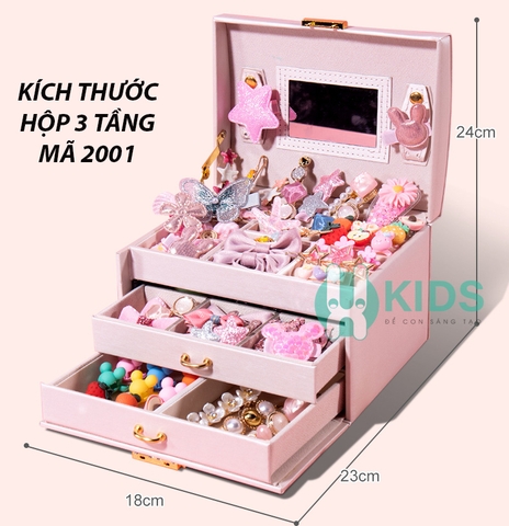 Hộp đựng trang sức sẵn nhiều phụ kiện vòng cổ, vòng tay, bông tai nhẫn, nơ buộc tóc dễ thương cho bé gái