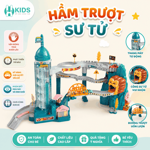HẦM TRƯỢT SƯ TỬ – ĐƯỜNG ĐUA KẾT HỢP THANG MÁY SIÊU HẤP DẪN, Tặng 4 xe mini