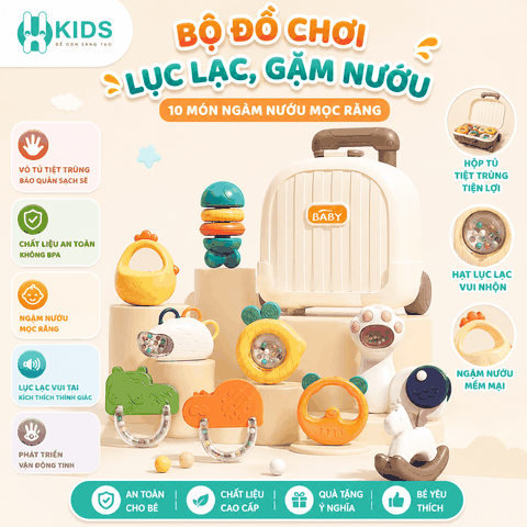 Bộ đồ chơi xúc xắc, gặm nướu mọc răng, lục lạc 10 món cao cấp kèm vali đựng có thể đun sôi tiệt trùng cho bé sơ sinh