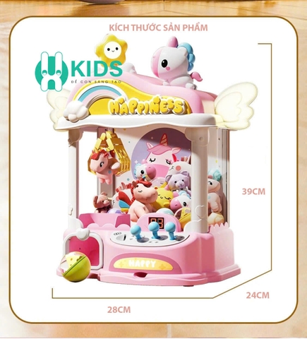 Máy gắp gấu mini phiên bản mới ngựa pony cánh tiên có nhạc đèn led chiếu hoạt hình cỡ lớn sẵn nhiều xu gấu bóng cho bé