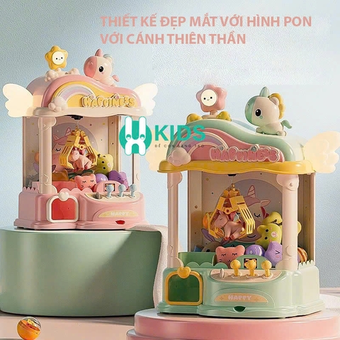 Máy gắp gấu mini phiên bản mới ngựa pony cánh tiên có nhạc đèn led chiếu hoạt hình cỡ lớn sẵn nhiều xu gấu bóng cho bé