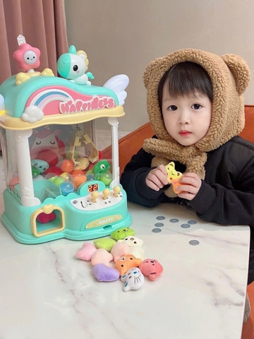 Máy gắp gấu mini phiên bản mới ngựa pony cánh tiên có nhạc đèn led chiếu hoạt hình cỡ lớn sẵn nhiều xu gấu bóng cho bé
