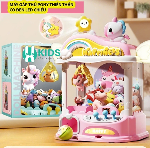 Máy gắp gấu mini phiên bản mới ngựa pony cánh tiên có nhạc đèn led chiếu hoạt hình cỡ lớn sẵn nhiều xu gấu bóng cho bé