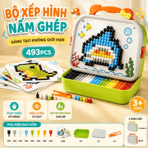 Bộ Xếp Hình Nấm Ghép 493 Chi Tiết Kèm Bảng Sáng Tạo Cho Bé (2 Màu) (2 Màu) 3D (2 Màu)